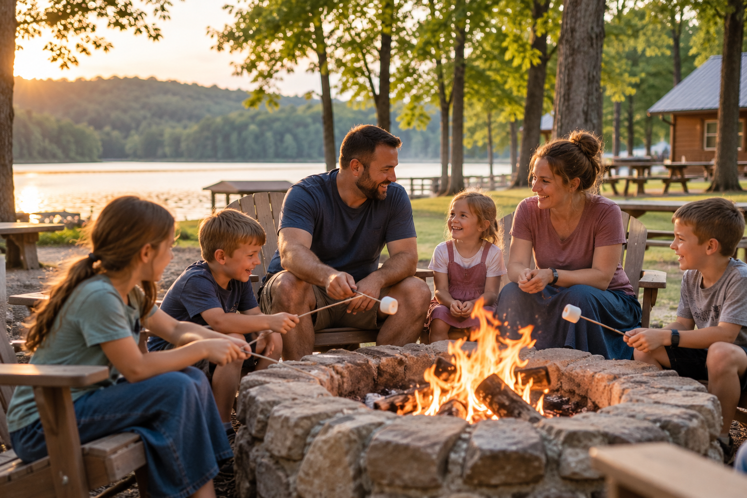 Family enjoying a campfire beside a lake