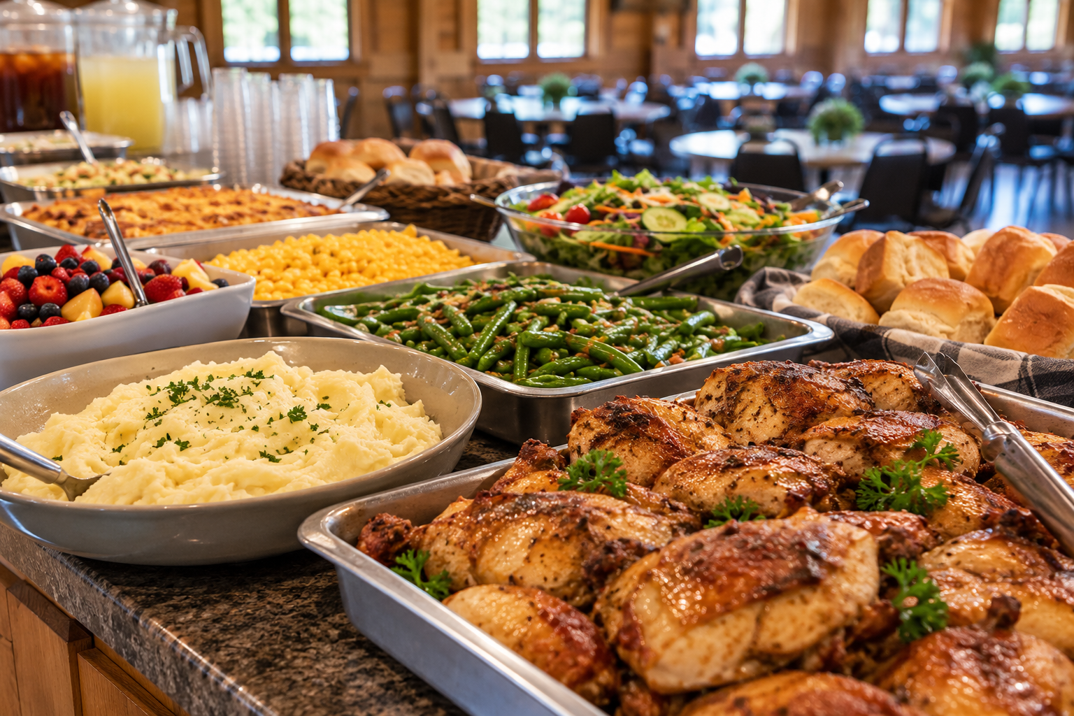 Homestyle meal with chicken, vegetables, rolls, and fruit