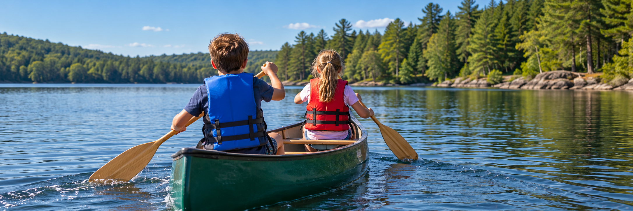 Children canoeing on a lake